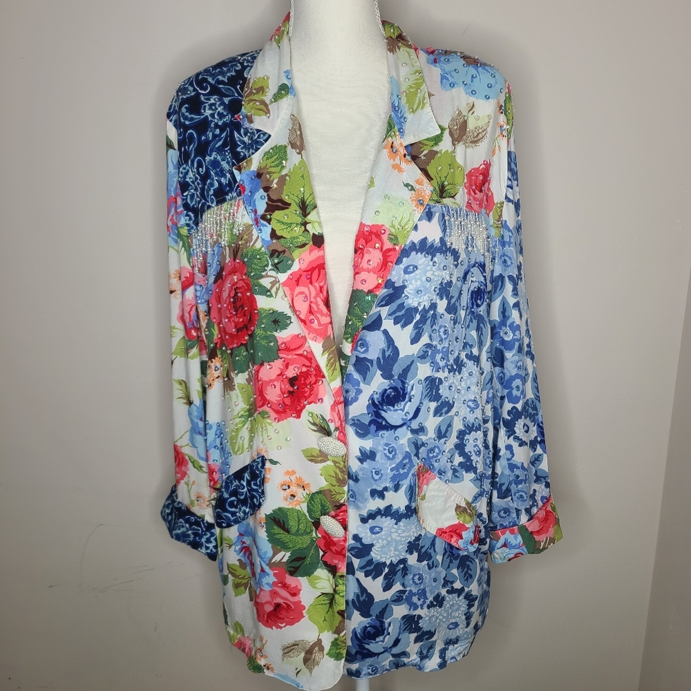 Surya Vintage 90s Women's Jacket Blazer Oversized Floral Sequin Rayon‎ Size M